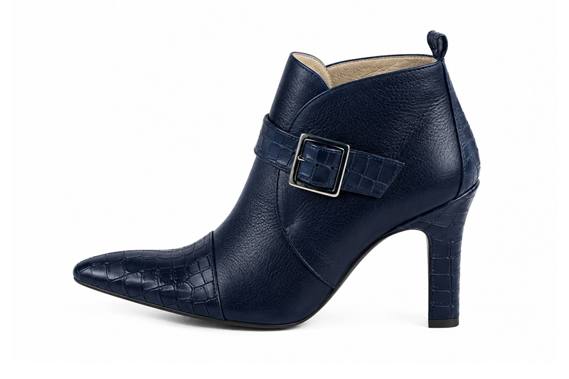 Chic women's ankle boots designed with statement front buckles and bridge straps for a bold, refined silhouette, in navy blue leather with almond toe and kitten heel - Florence KOOIJMAN